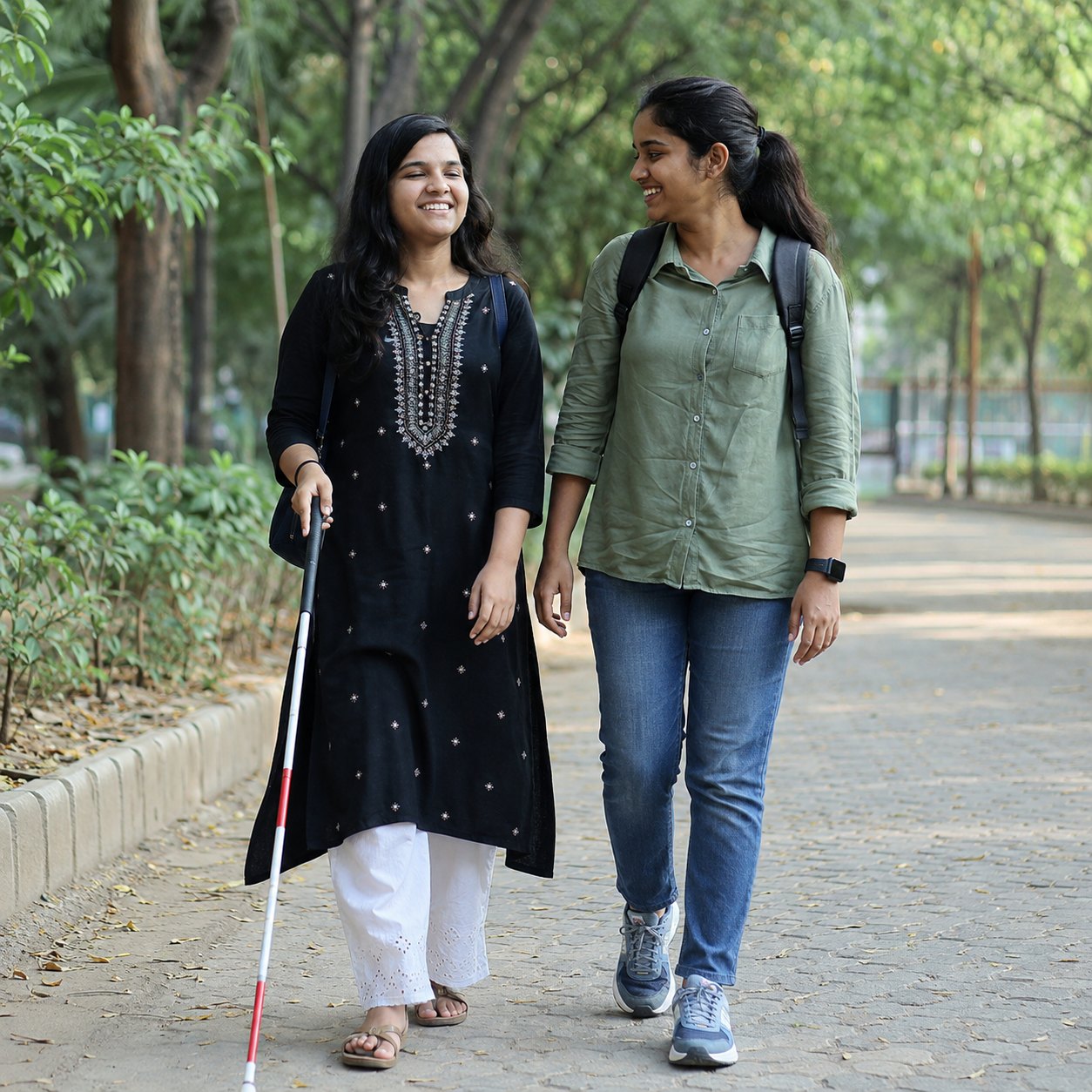 A young woman with a white cane walking confidently alongside a friend on a tree-lined path
