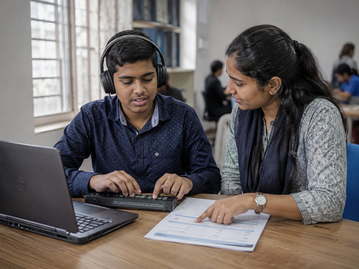 A volunteer and a student reviewing a document together at a table, both engaged in conversation