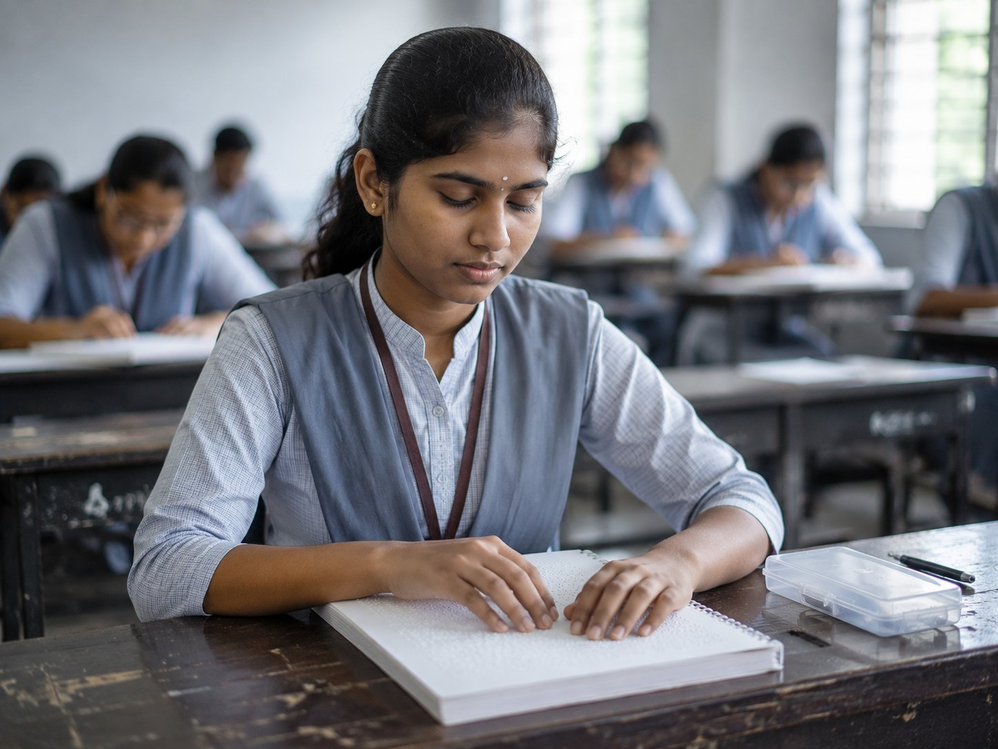 A blind student at an exam desk with a hand resting on a braille exam paper